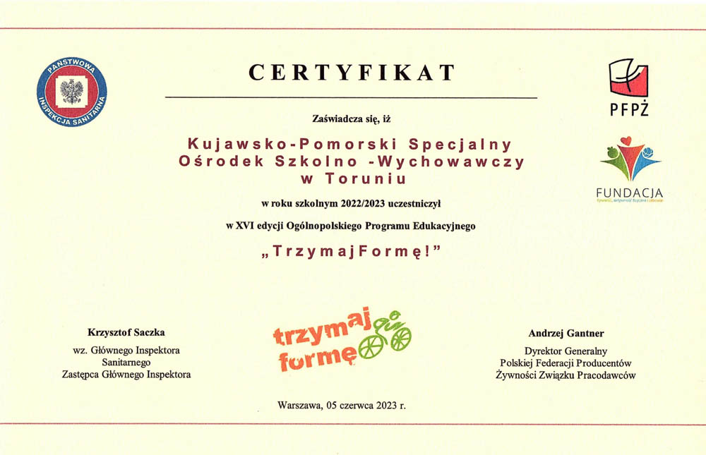 Certyfikat – Uczestnictwa w programie - Trzymaj Formę