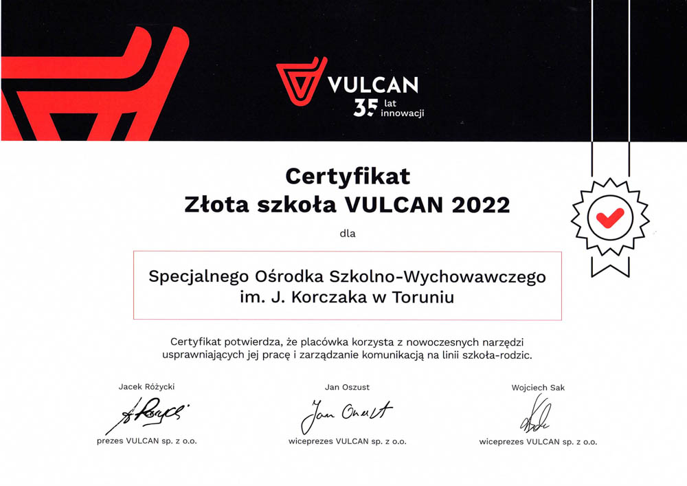 Certyfikat – Złota Szkoła Vulkan 2022